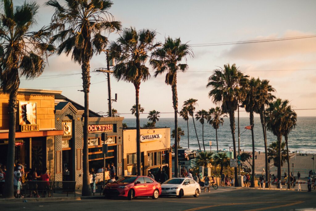 Los Angeles with palm trees, restaurants, cars, and the beach in the background.