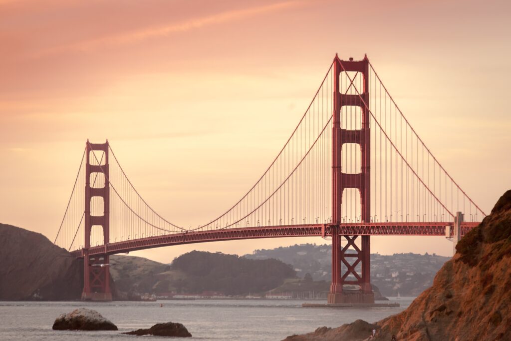 View of the Golden Gate Bridge over the bay in San Francisco