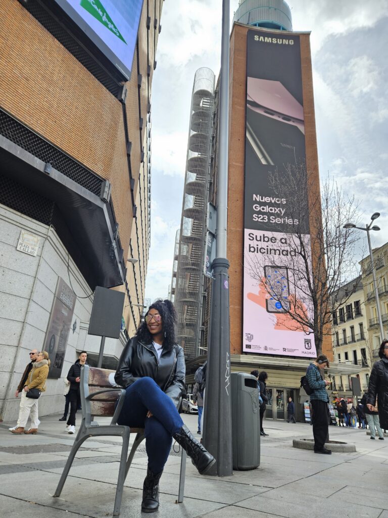 Solo traveler at Plaza del Callao in Madrid Spain
