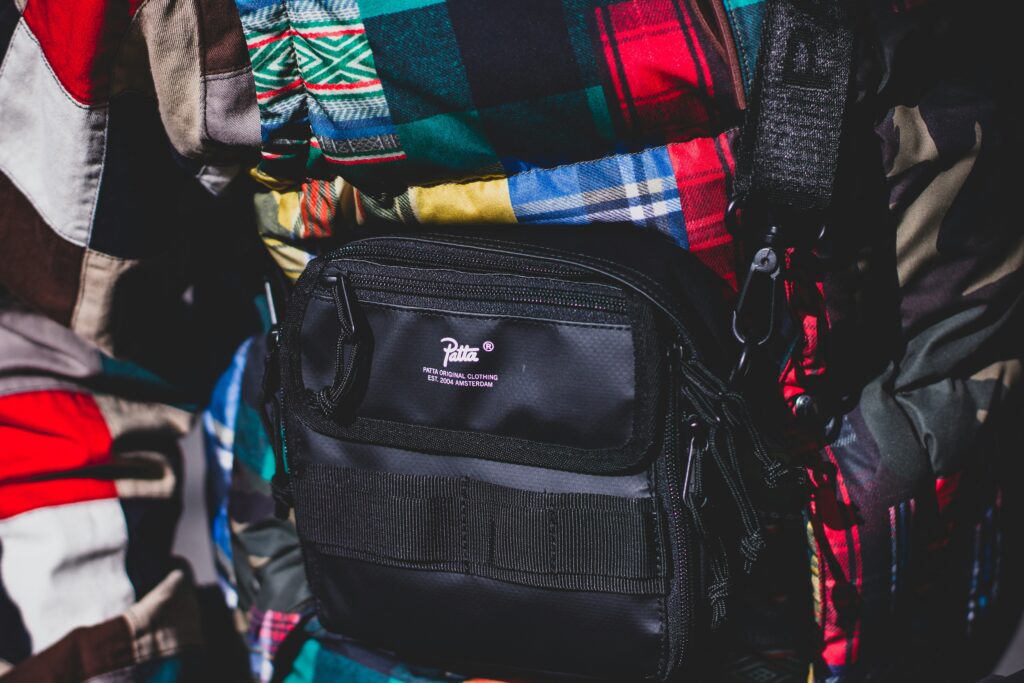 A close-up of a black crossbody purse